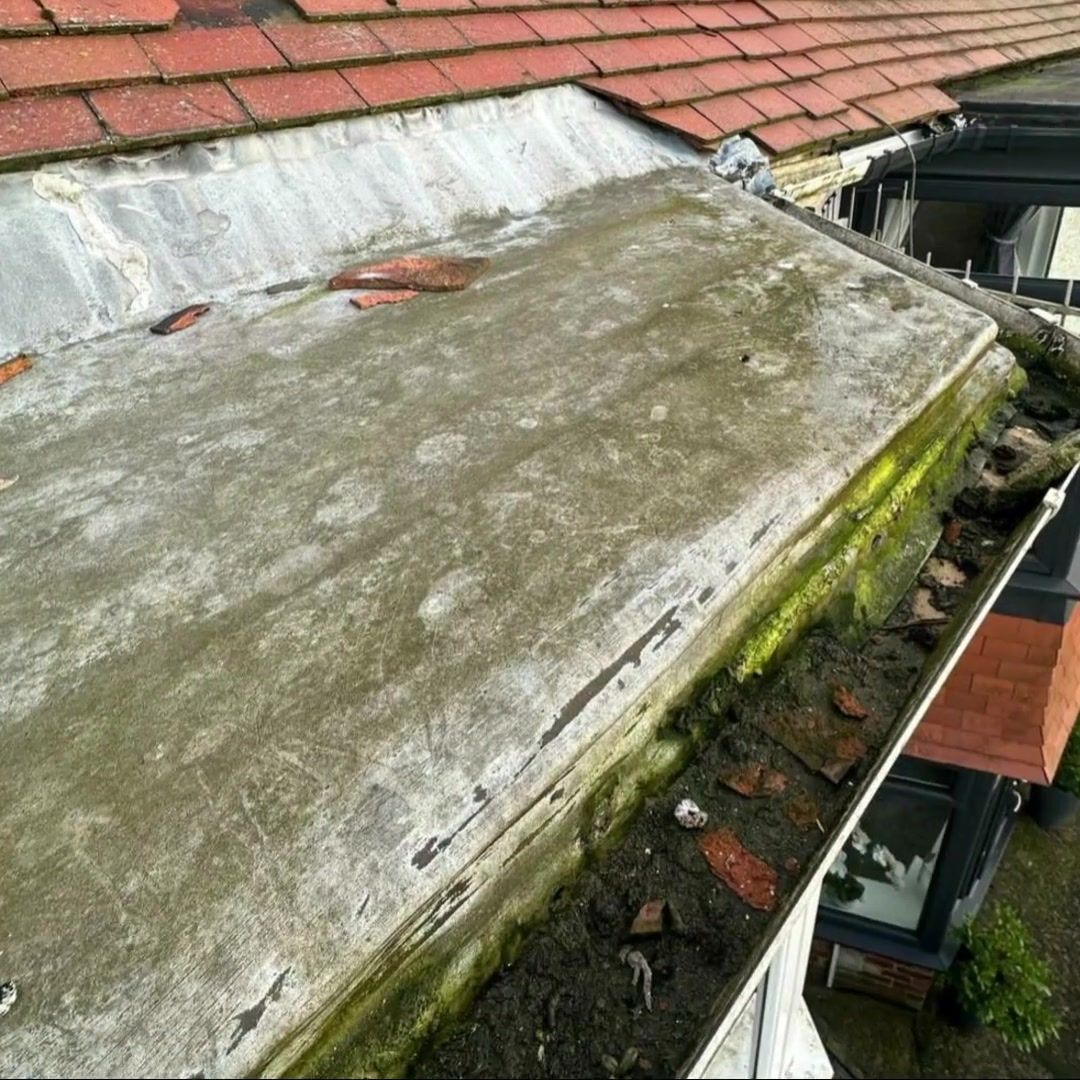 Old felt flat roof, worn and growing moss along the gutter